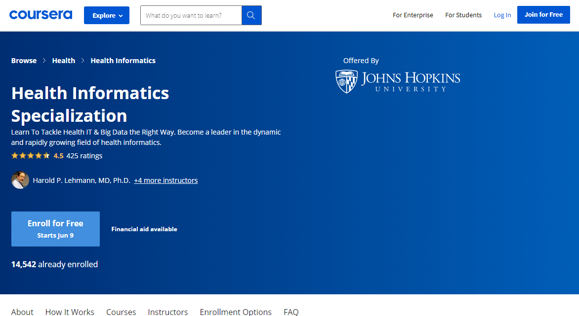 Health Informatics Specialization by Johns Hopkins University on Coursera