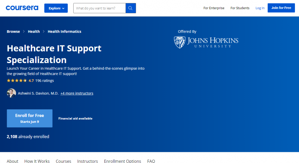 Healthcare IT Support Specialization by Johns Hopkins University on Coursera