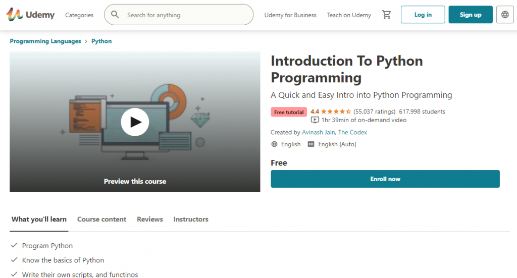 Introduction To Python Programming on Udemy