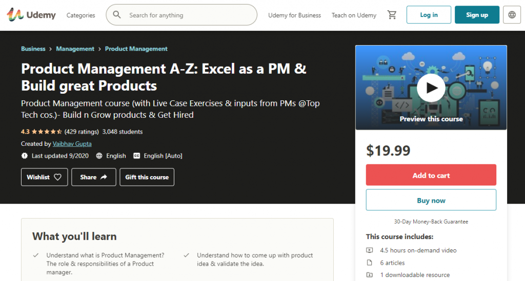 Product Management A-Z Excel as a PM & Build Great Products by Udemy
