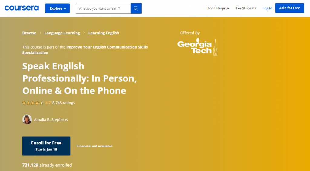 Speak English Professionally- In Person, Online, and On the Phone by Coursera