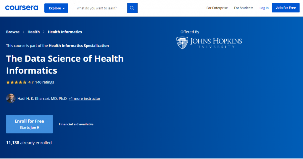 The Data Science of Health Informatics by Johns Hopkins University on Coursera